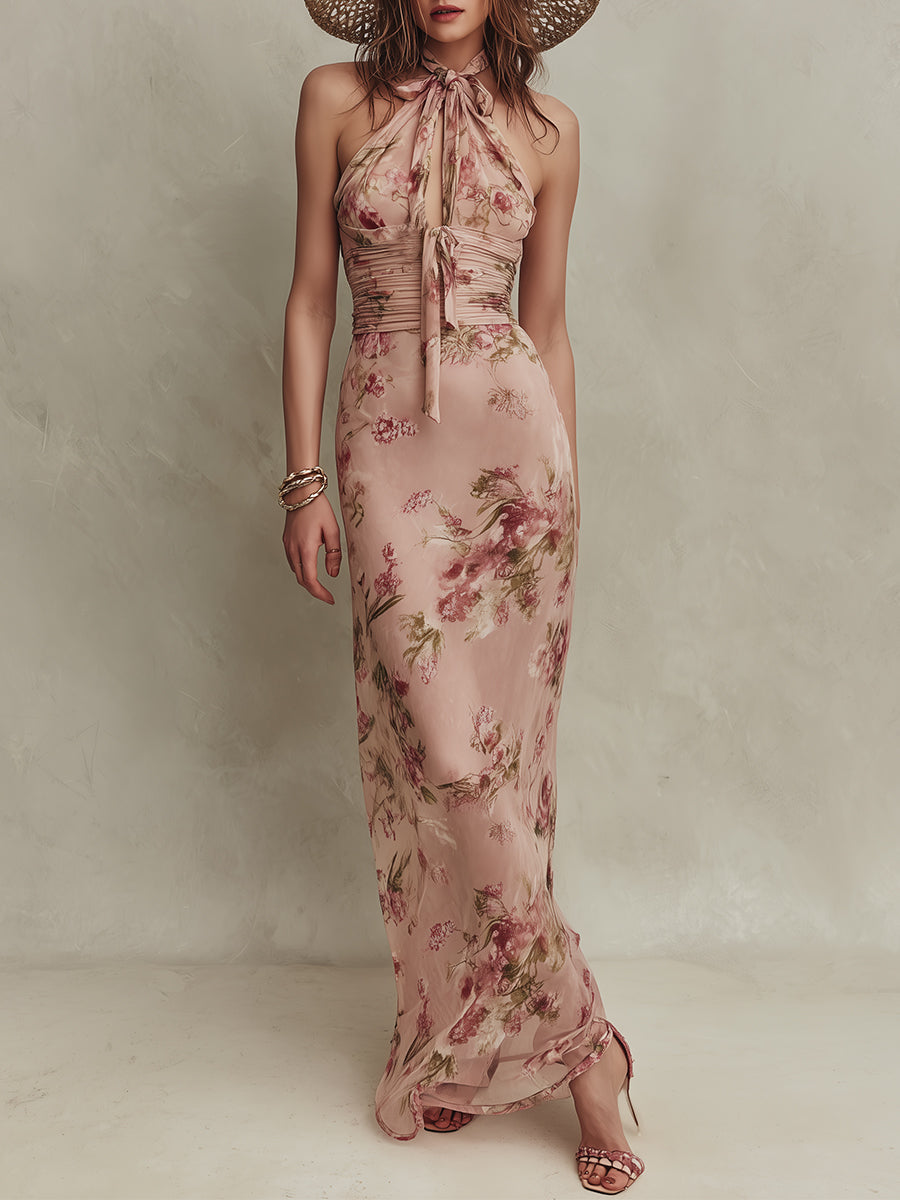 Bethany - Elegante Maxi-jurk van Chiffon met Bloemenprint en Sleutelgat Halslijn