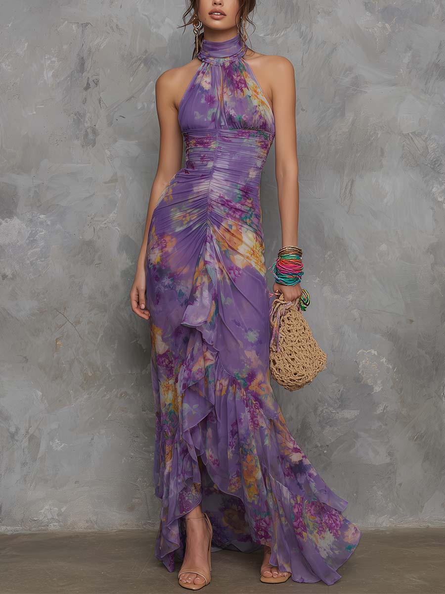 Adalynn - Elegante Paarse Bloemen Chiffon Halter Maxi Jurk