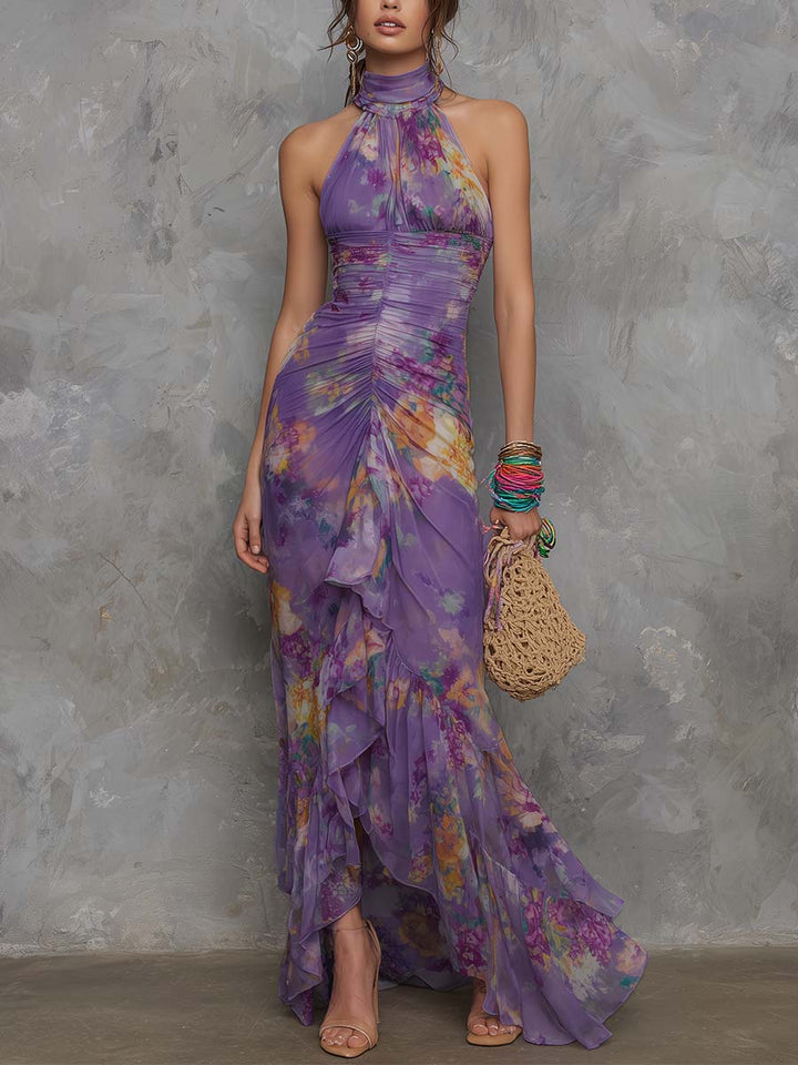 Adalynn - Elegante Paarse Bloemen Chiffon Halter Maxi Jurk