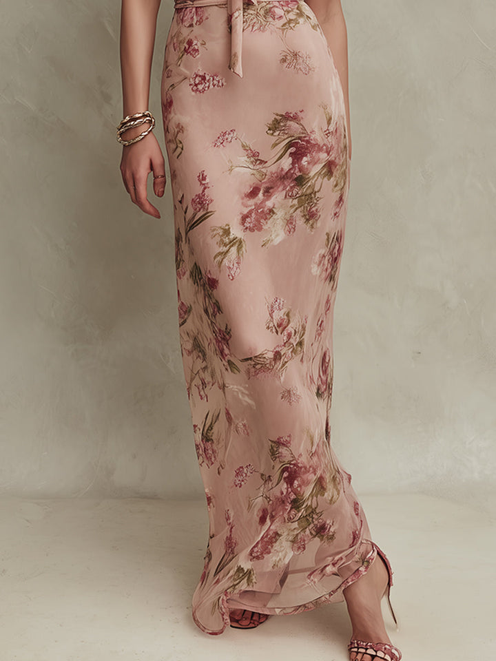 Bethany - Elegante Maxi-jurk van Chiffon met Bloemenprint en Sleutelgat Halslijn