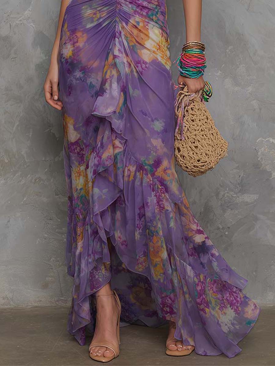 Adalynn - Elegante Paarse Bloemen Chiffon Halter Maxi Jurk