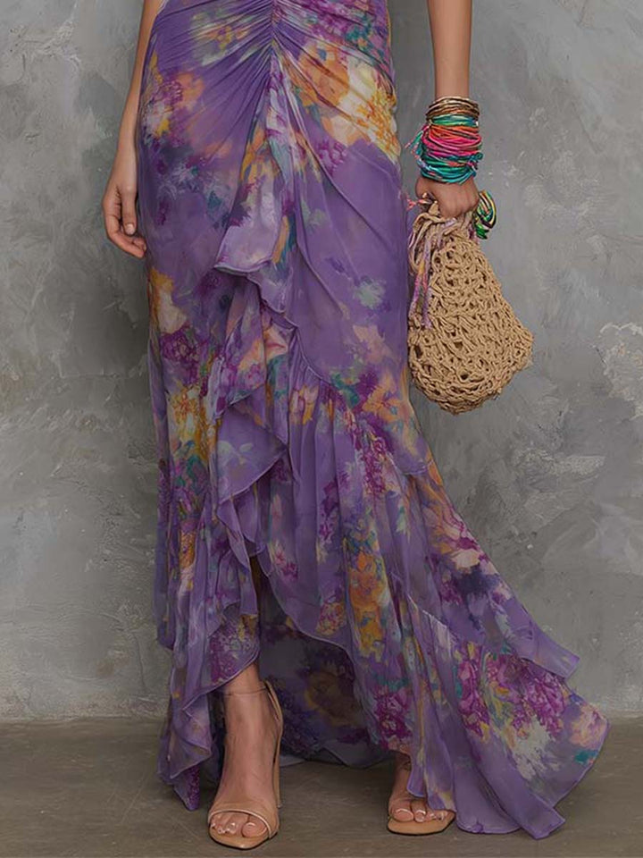 Adalynn - Elegante Paarse Bloemen Chiffon Halter Maxi Jurk