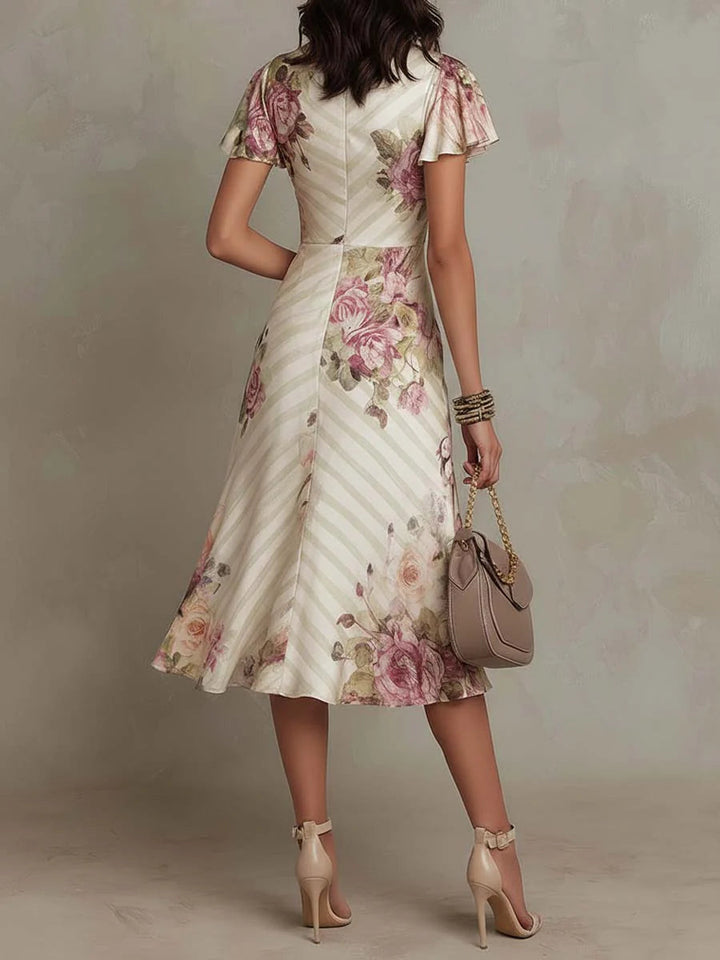 Daphne - Elegante Retro Bloemen Satijnen Midi Jurk