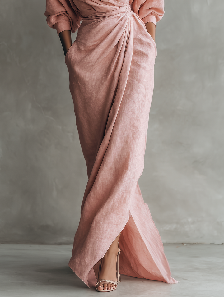 Adeline - Roze Linnen Maxi Jurk