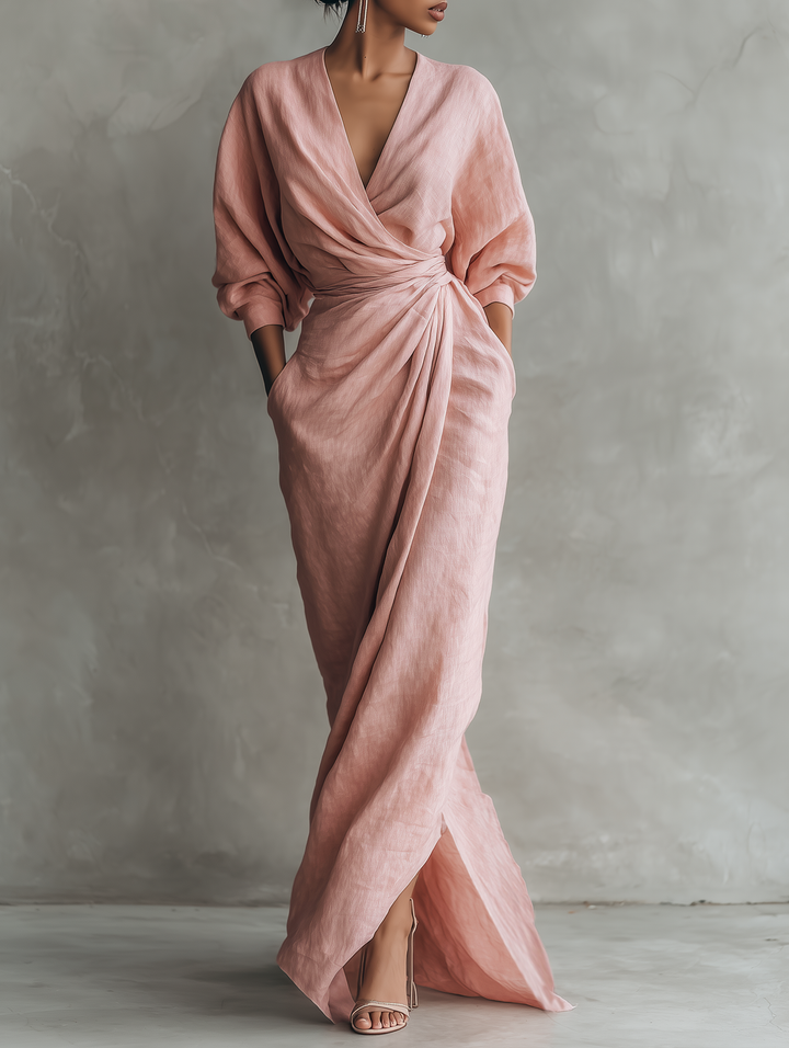Adeline - Roze Linnen Maxi Jurk