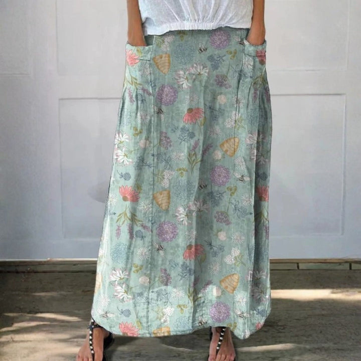 Bloeiende Lente Bloemen- en Hommelpatroon Gedrukt Vrouwen Linnen Pocket Rok