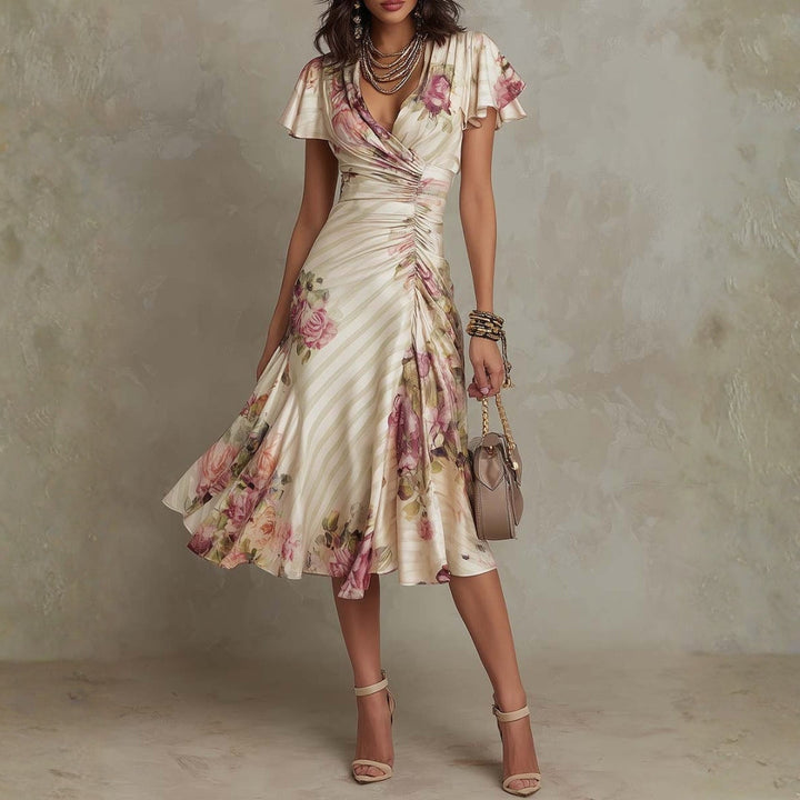 Daphne - Elegante Retro Bloemen Satijnen Midi Jurk