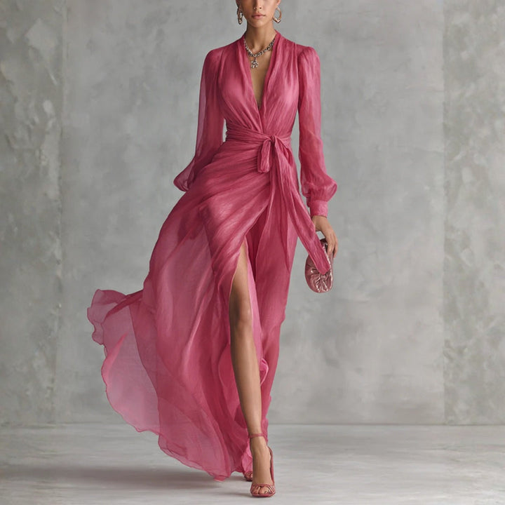 Alexis - Elegante Roze Chiffon V-hals Taille-tie Lange Jurk