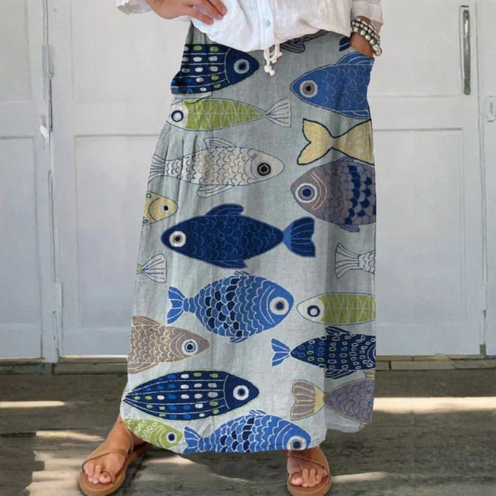 Vrouwen Vintage Schattige Vissen Kunst Print Linnen Pocket Rok