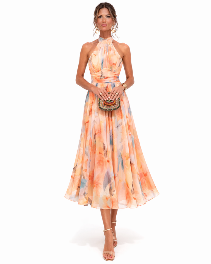 Miranda - Halternek Jurk met Aquarelprint