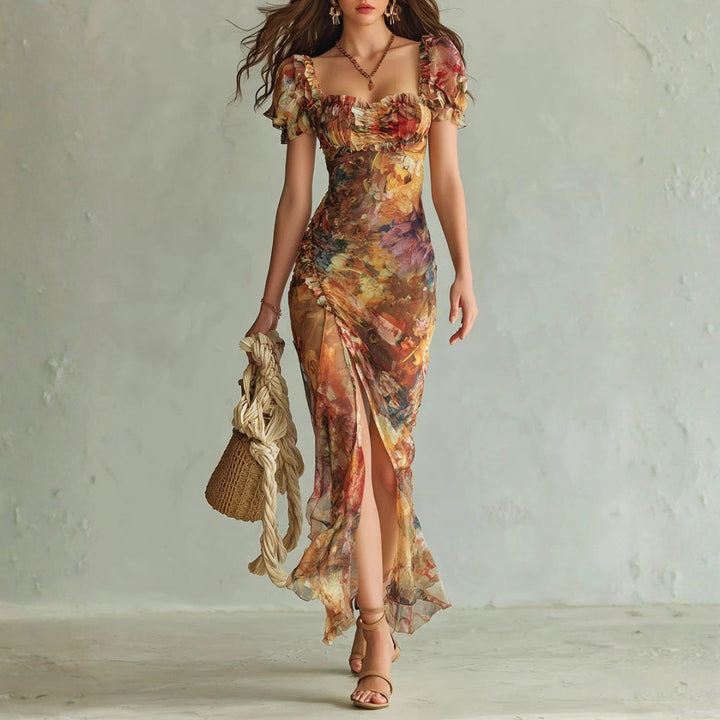 Aria - Lange oranje chiffon jurk met bohemian-stijl olieverfschilderijprint