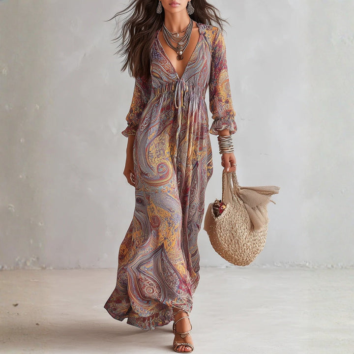 Natalie - Paisley Print V-hals Gathered Chiffon Maxi Jurk