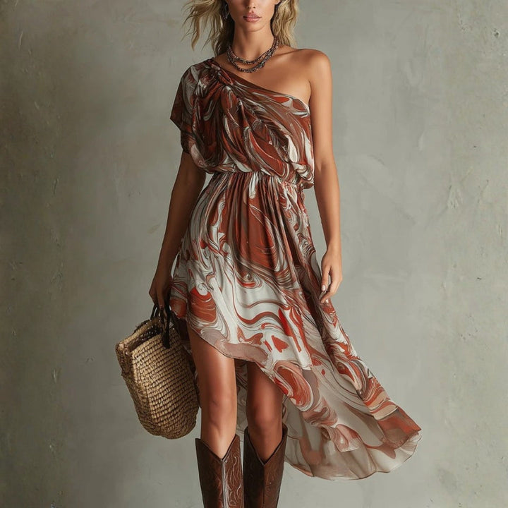 Dawn - Boho Eén-schouder Onregelmatig Marmer Abstracte Print Chiffon Midi Jurk