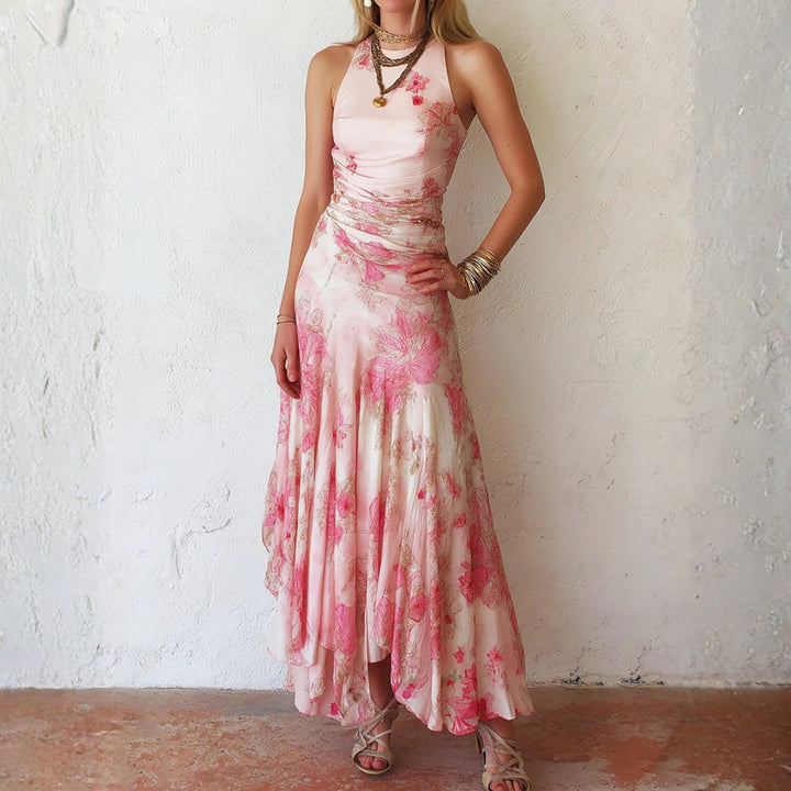 Alexandra - Roze Bloemen Chiffon Geplooide Print Mouwloze Midi Jurk