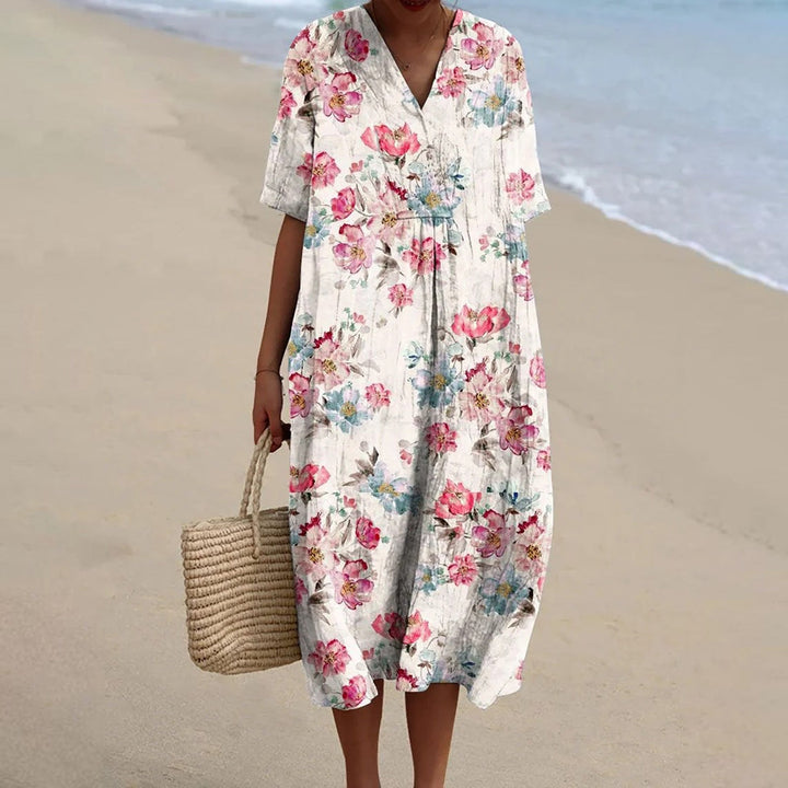 Daphne - Vintage Bloemen Linnen Stijl Jurk