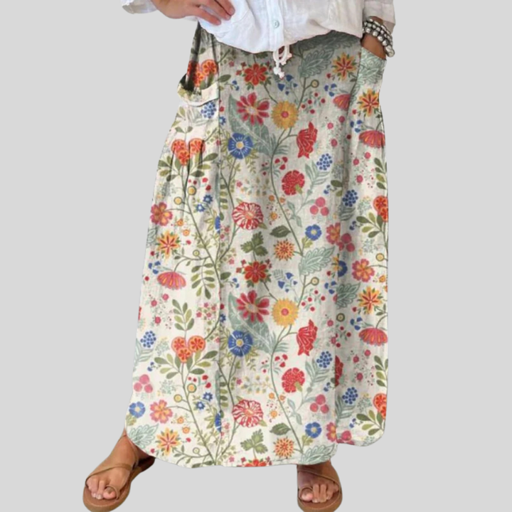 Dames Linnen Rok met Bloemenprint, Elastische Tailleband en Pocket