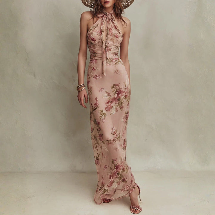 Bethany - Elegante Maxi-jurk van Chiffon met Bloemenprint en Sleutelgat Halslijn