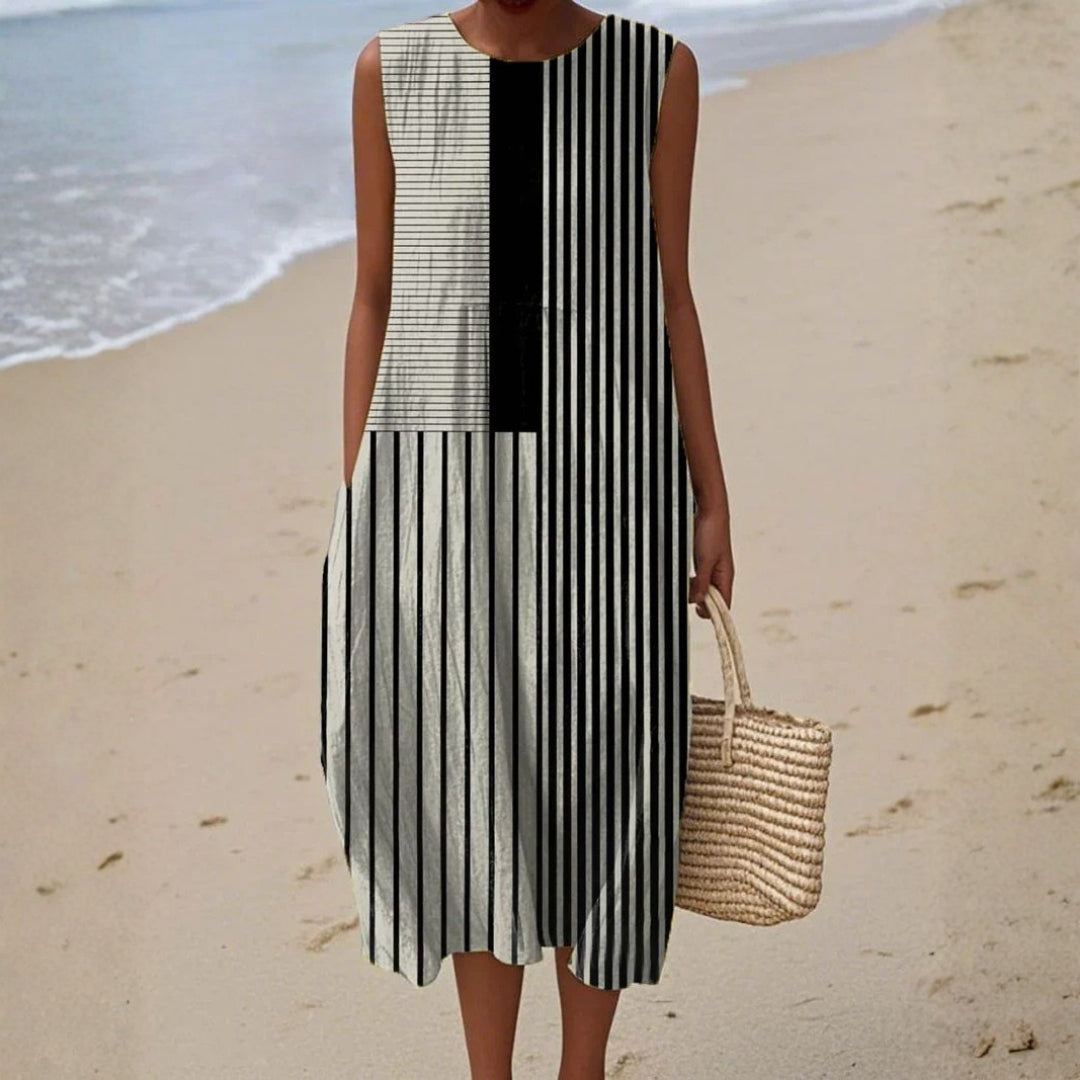 Natalia - Monochrome Gestreepte Jurk