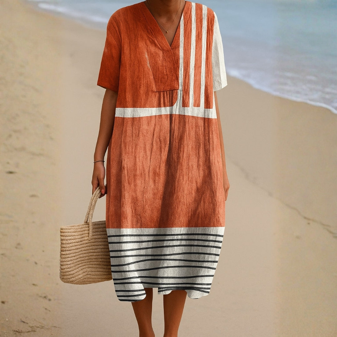 Jennifer - Terracotta Jurk met Grafische Strepen