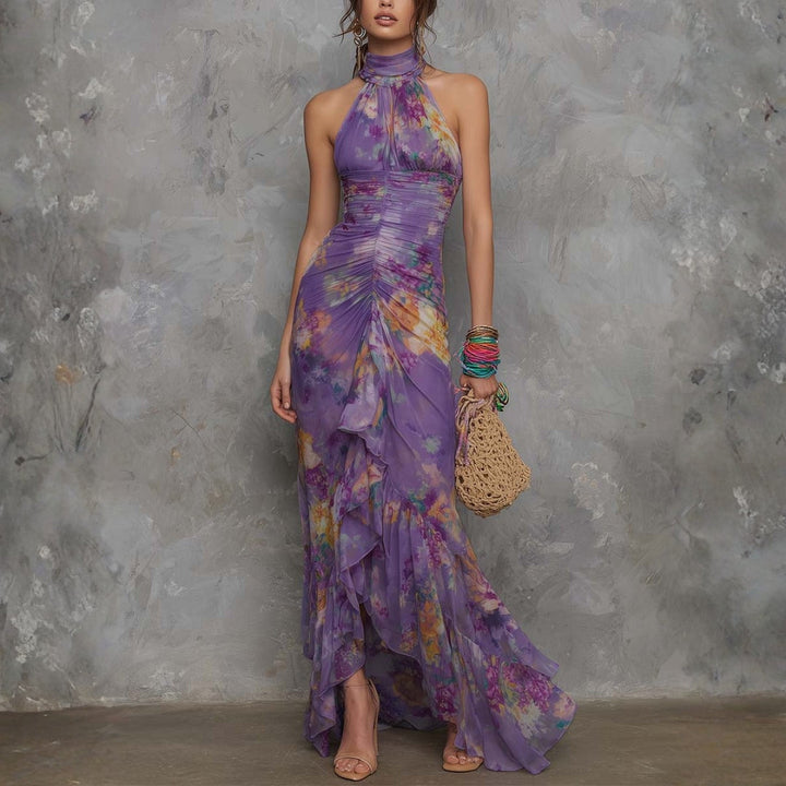 Adalynn - Elegante Paarse Bloemen Chiffon Halter Maxi Jurk