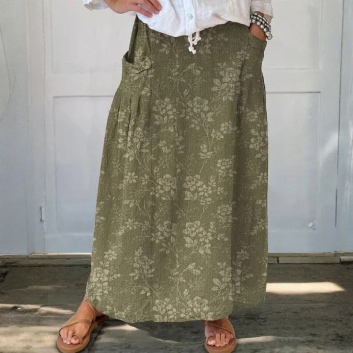 Dames Vintage Bloemen Linnen Elastische Tailleband Pocket Rok