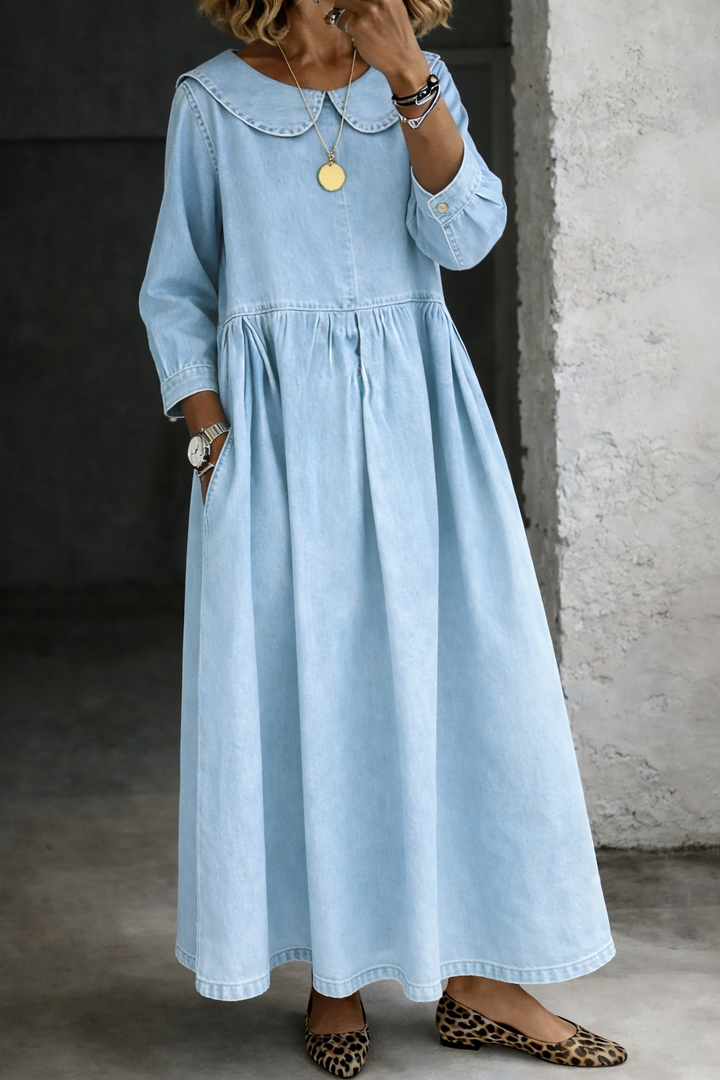Hallie - Denim Jurk met Peter Pan Kraag
