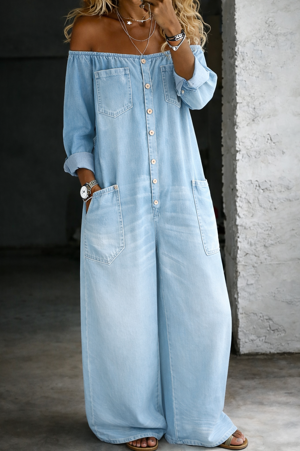 Chelsea - Lange Mouwen Jumpsuit met Blootgestelde Schouders