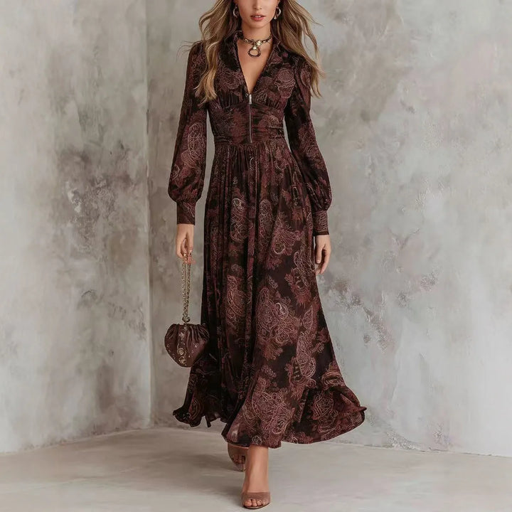 Aria - Elegante Print Lange Mouwen Maxi Jurk