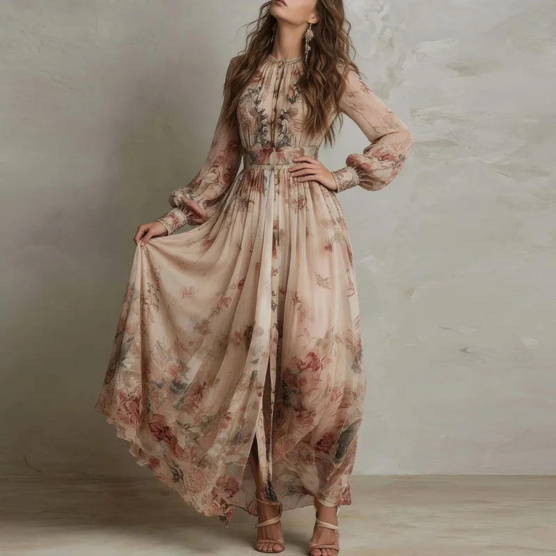 Robin - Vintage Bloemenprint Hoge Taille Plissé Lange Jurk