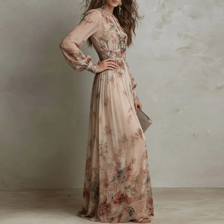Robin - Vintage Bloemenprint Hoge Taille Plissé Lange Jurk