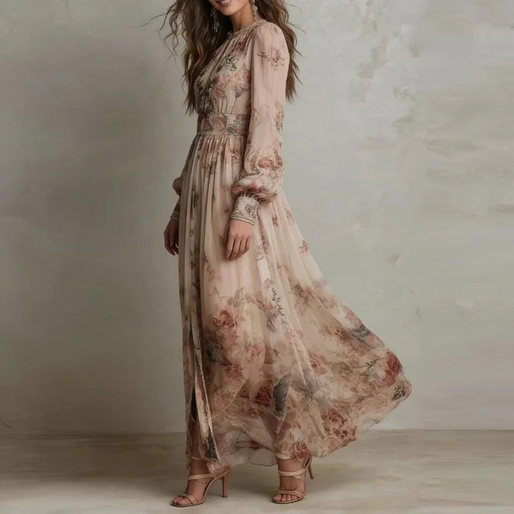Robin - Vintage Bloemenprint Hoge Taille Plissé Lange Jurk