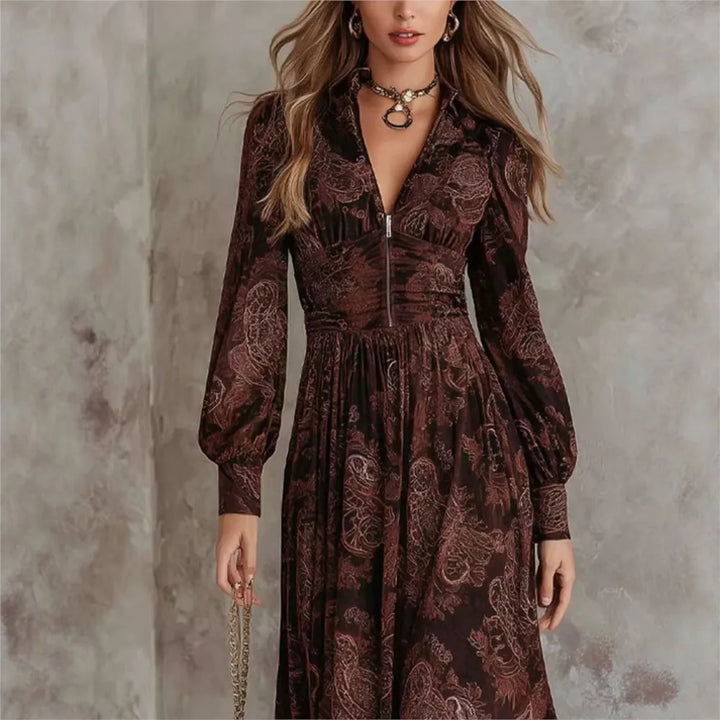 Aria - Elegante Print Lange Mouwen Maxi Jurk