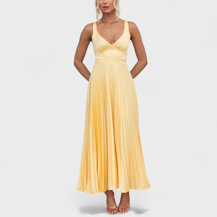 Carmen - Gele Plissé Maxi Jurk