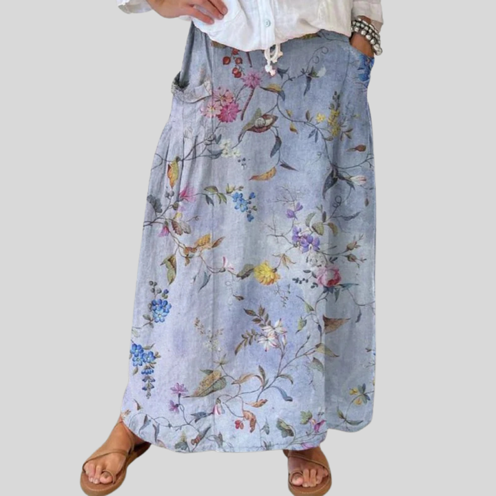 Elegante Vintage Blauwe Print Vrouwen Linnen Pocket Rok