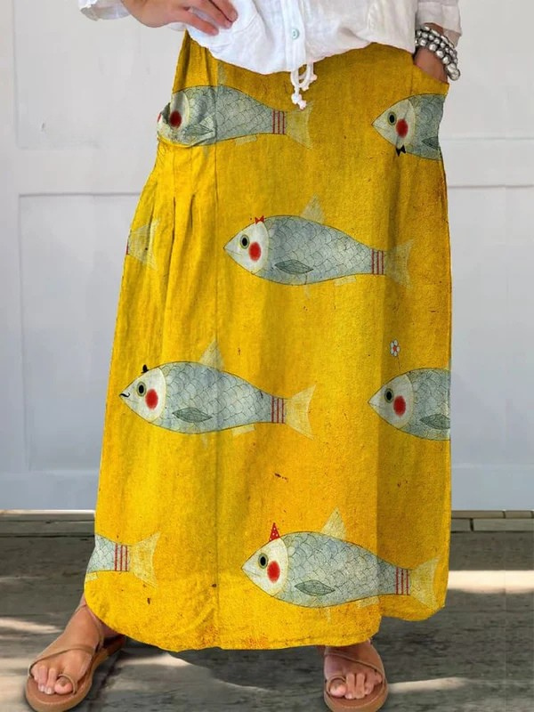 Vrouwen Vintage Vissen Kunstprint Linnen Pocket Rok