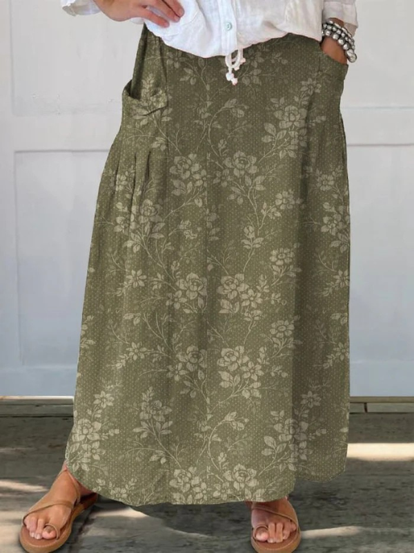 Dames Vintage Bloemen Linnen Elastische Tailleband Pocket Rok