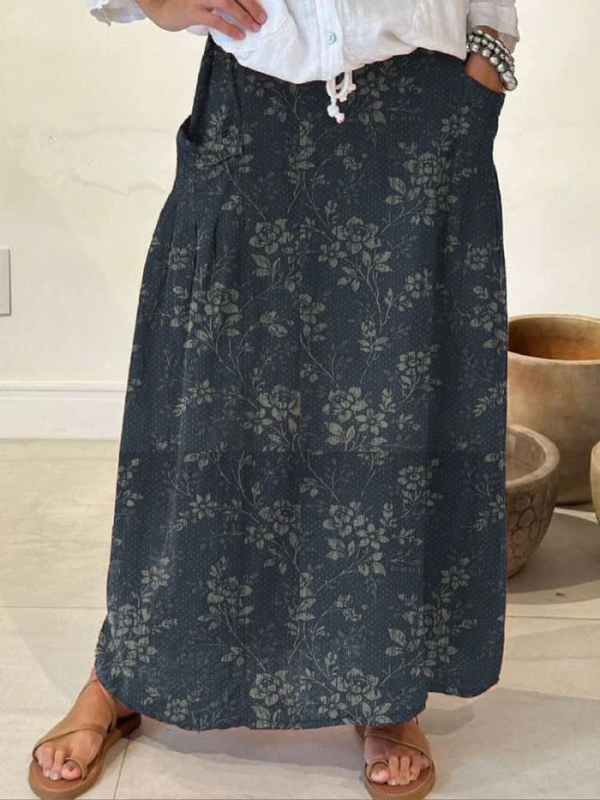 Dames Vintage Bloemen Linnen Elastische Tailleband Pocket Rok