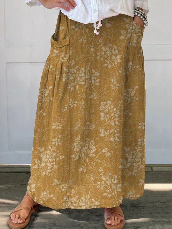 Dames Vintage Bloemen Linnen Elastische Tailleband Pocket Rok