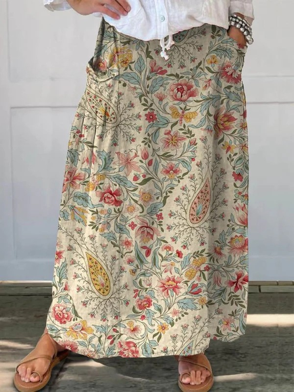 Dames Vintage Bloemen Kunst Gedrukt Linnen Pocket Rok