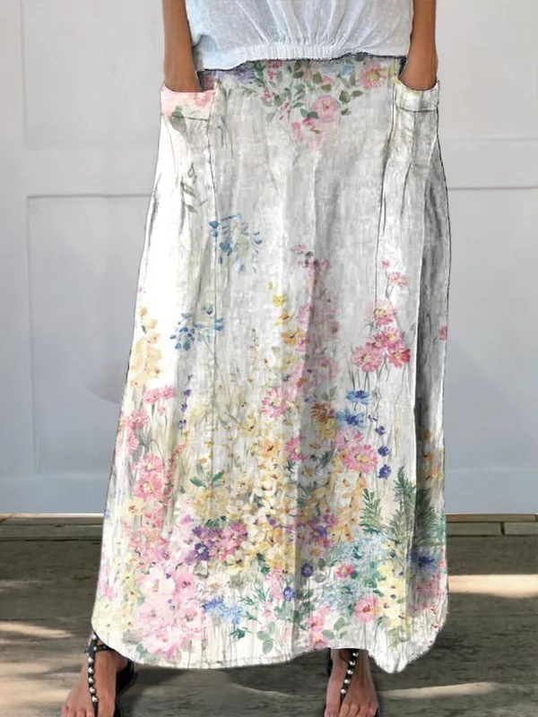 Vrouwen Vintage Botanische Bloemen Linnen Elastische Taille Rok