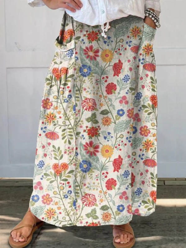 Dames Linnen Rok met Bloemenprint, Elastische Tailleband en Pocket