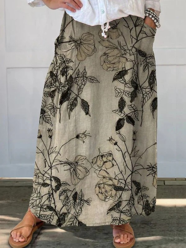 Vrouwen Retro Bloemenkunst Linnen Elastische Tailleband Pocket Rok