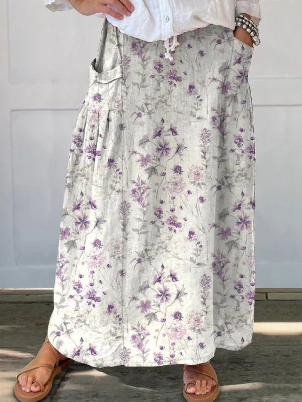Vrouwen Vintage Bloemen Kunst Linnen Elastische Taille Zakrok