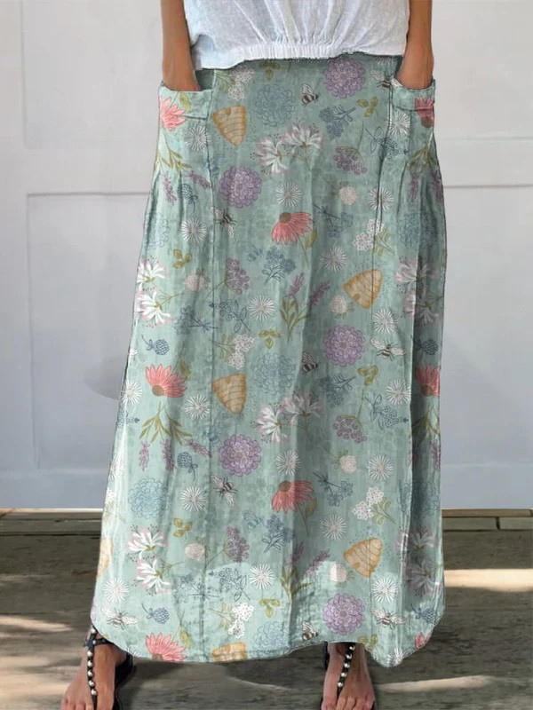 Bloeiende Lente Bloemen- en Hommelpatroon Gedrukt Vrouwen Linnen Pocket Rok