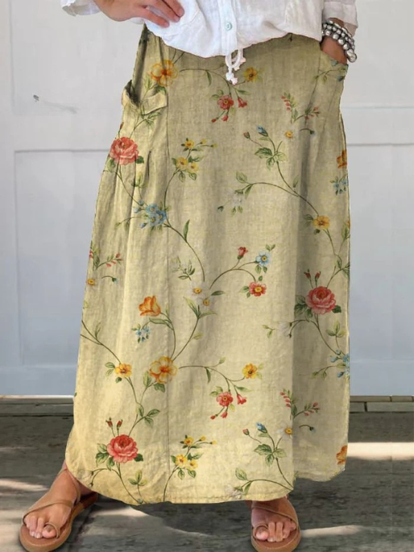 Vrouwen Retro Elegante Bloemen Kunst Linnen Elastische Tailleband Pocket Rok