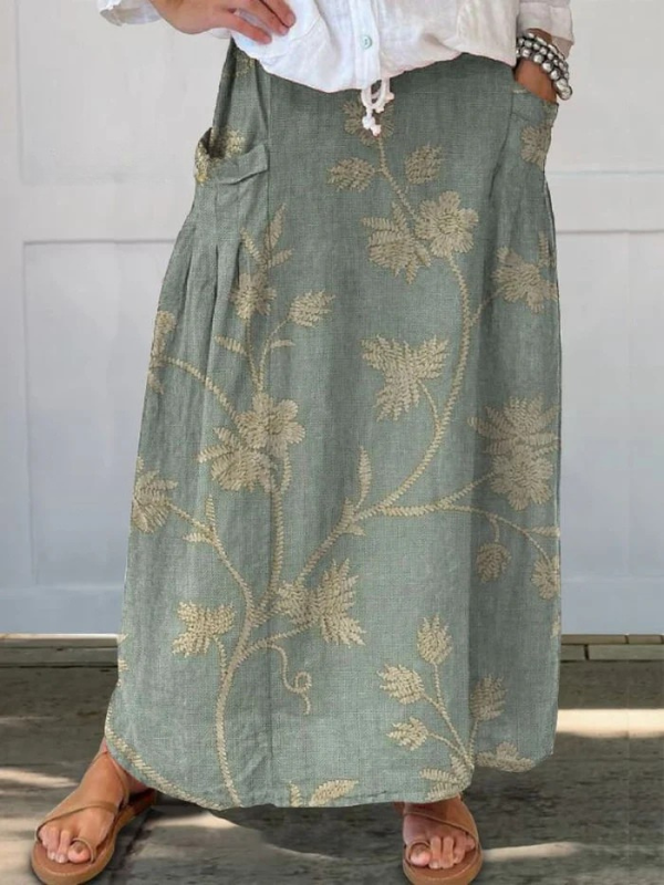 Vrouwen Retro Elegante Bloemen Kunst Linnen Elastische Tailleband Pocket Rok