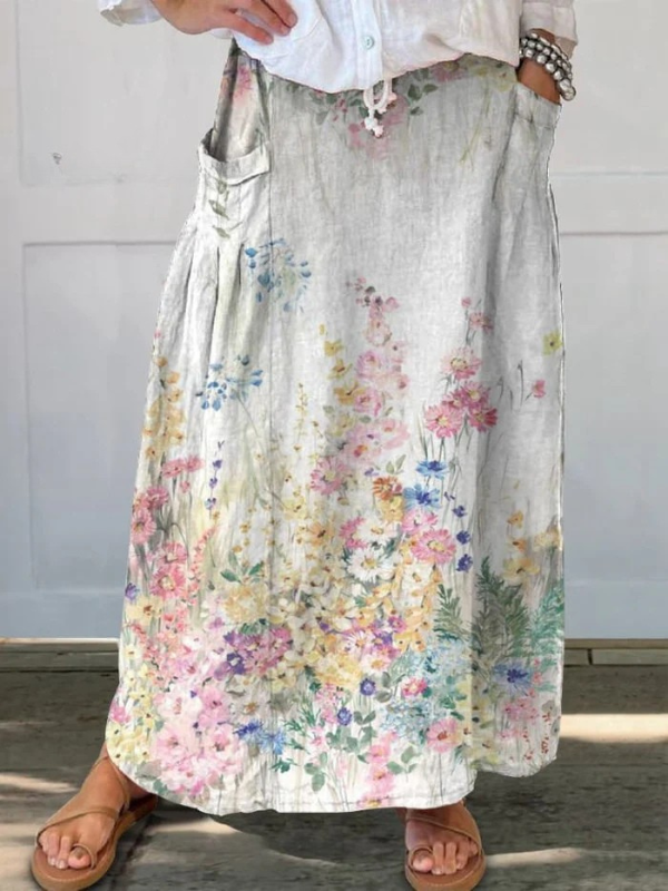 Vrouwen Retro Elegante Bloemen Kunst Linnen Elastische Tailleband Pocket Rok