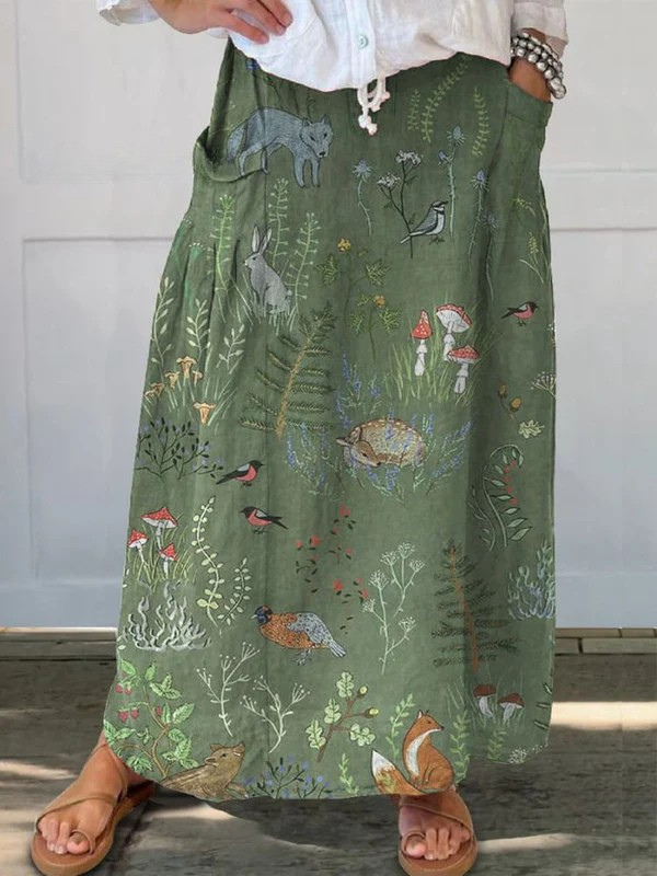Houten En Dieren Patroon Gedrukt Vrouwen Linnen Pocket Rok