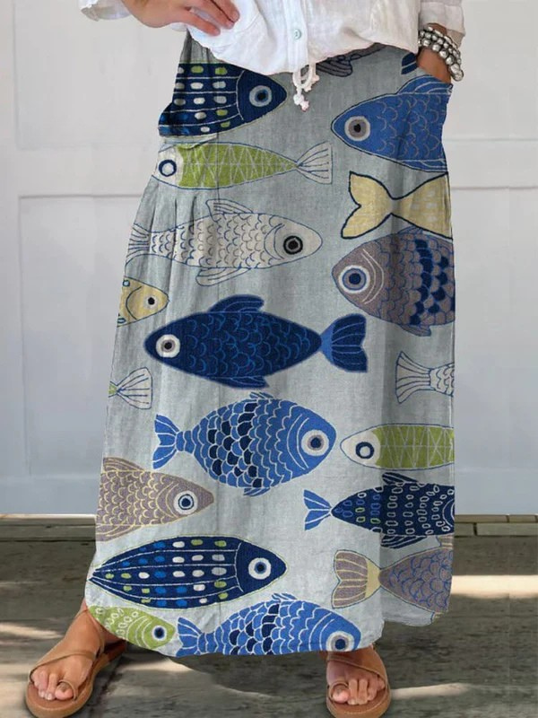 Vrouwen Vintage Schattige Vissen Kunst Print Linnen Pocket Rok