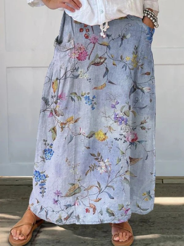 Elegante Vintage Blauwe Print Vrouwen Linnen Pocket Rok
